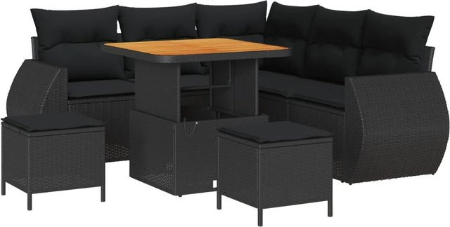 vidaXL Gartensofa-Set in L-Form mit 8 Kissen und Ottoman in Schwarz aus Poly-Rattan und Metall - Bild 1