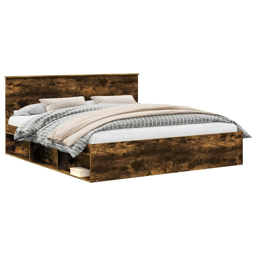 vidaXL Bettrahmen aus Holzwerkstoff in Raucheiche, Farbe Braun, B/T/H: 200 x 203 x 90 cm - Bild 2