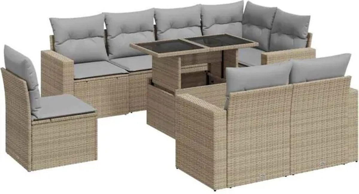 9-tlg. Garten-Sofagarnitur mit Kissen aus Polyrattan in Beige von Vidaxl - Bild 1