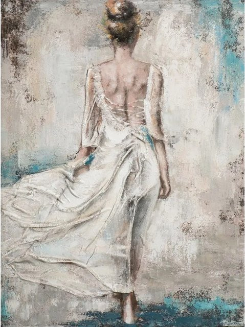 Art Universe Leinwandbild Rückenansicht Frau im weißen Kleid, modernes abstraktes Porträt in Blau und Weiß, B: 90 cm, H: 120 cm - Bild 1