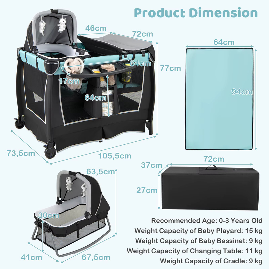 GOFLAME 6-in-1 Reisebett mit Matratze, mobile Babywiege mit verstellbarem Baldachin, faltbares Babybett inklusive Wickelunterlage und Spieluhr, Grün - Bild 3