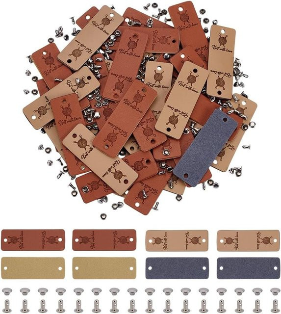 40 Sets rechteckige PU-Lederetiketten in Beige mit Nieten und Loch, Durchmesser: 5,1 cm - Bild 1