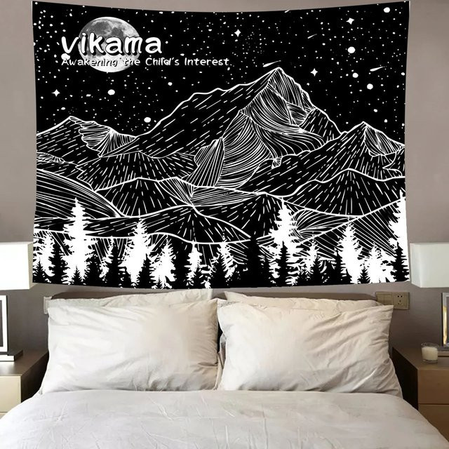 VIKAMA Mandala-Wandteppich im Boho-Stil mit Blumen, Tieren und Mond in Schwarz - Bild 1