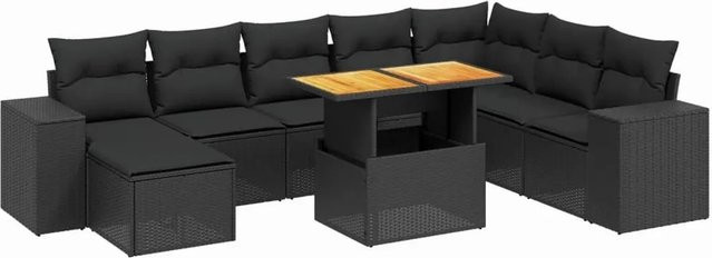 vidaXL 9-teilige Garten-Sofagarnitur aus Poly-Rattan und Akazienholz in Schwarz mit Kissen - Bild 1