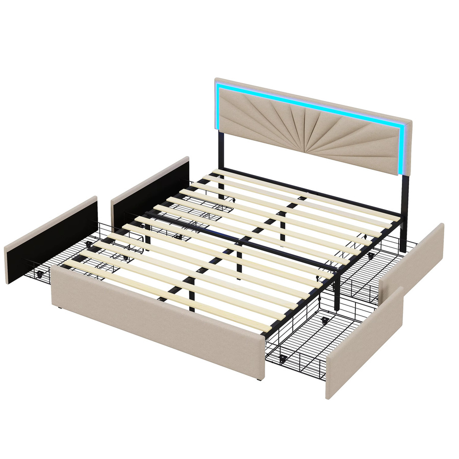 Comanlai Polsterbett mit 4 Schubladen und LED-Beleuchtung in Beige, B/T: 160 x 200 cm - Bild 2