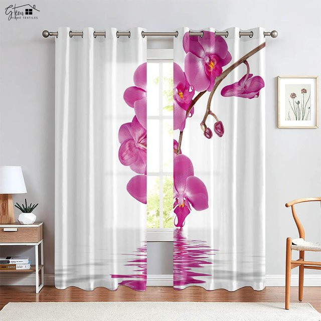 Blumen Vorhänge mit 3D-Druck im chinesischen Design, Set aus 2 Stück, Farbe: Pink, B: 50 cm, H: 130 cm - Bild 1