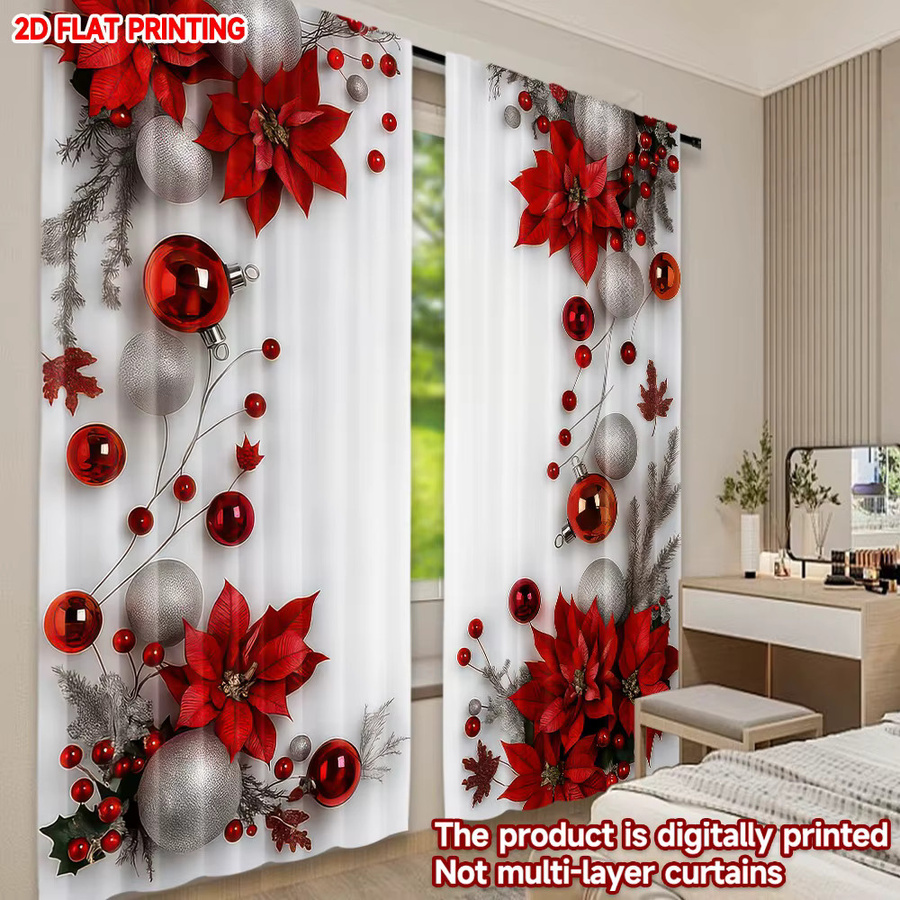 2er-Set Weihnachtsvorhänge mit rotem Weihnachtsstern aus Polyester, digital bedruckte Stoffpaneele für deine Weihnachtsdekoration - Bild 5