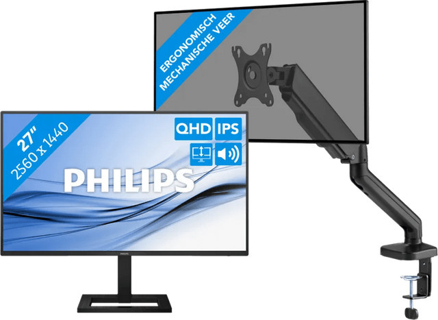 Philips 27E1N1600AE/00 Monitor mit 27 Zoll QHD IPS Display in Schwarz inklusive BlueBuilt Monitorhalterung mit Gasfeder für 1 Monitor - Bild 1
