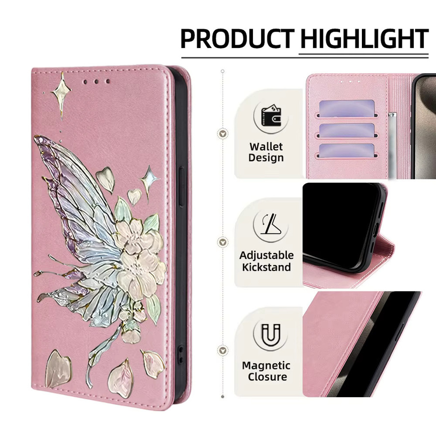 Magnetische Flip-Case Hülle mit Schmetterling-Motiv für Samsung Galaxy A73 A53 A33 A23 A21S A52S A22 XCover7 Pro M16 M06 F16 F06 in Braun - Bild 3