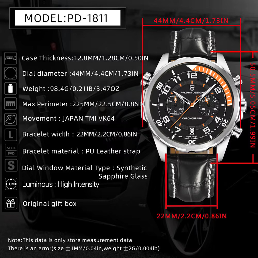 PAGANI DESIGN Chronograph, Quarz, Edelstahl, Leder, Blau, Herren - Bild 5
