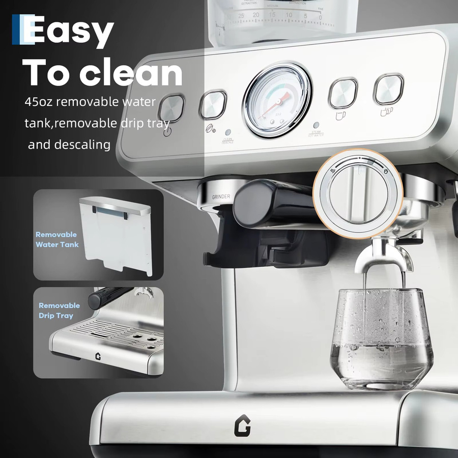 Acekool Espressomaschine mit Siebträger und integrierter Kaffeemühle in Silber, 15 Bar Druck, Milchaufschäumer, Manometer und 2,8 l Wassertank - Bild 4
