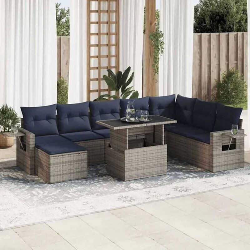 9-tlg. Garten-Sofagarnitur mit Kissen aus Polyrattan in Grau von vidaxl - Bild 1