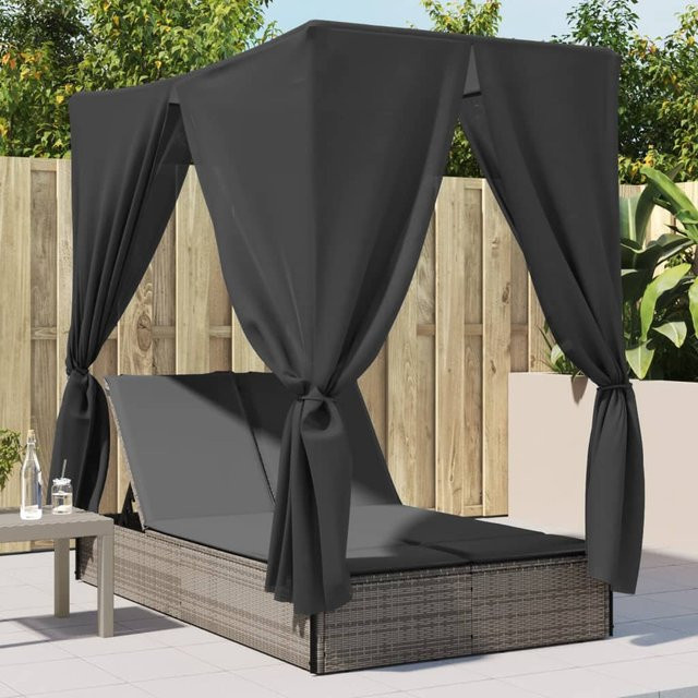 vidaXL Doppel-Sonnenliege aus Polyrattan mit Sonnendach und Vorhängen in Grau, B/T/H: 280 x 196 x 114 cm - Bild 2