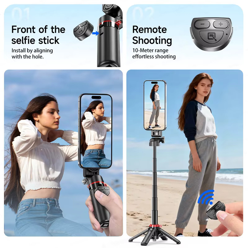 Axnen Magnetischer Mini-Selfie-Stick Stativ mit Gimbal und kabelloser Fernbedienung für Smartphones in Schwarz - Bild 3
