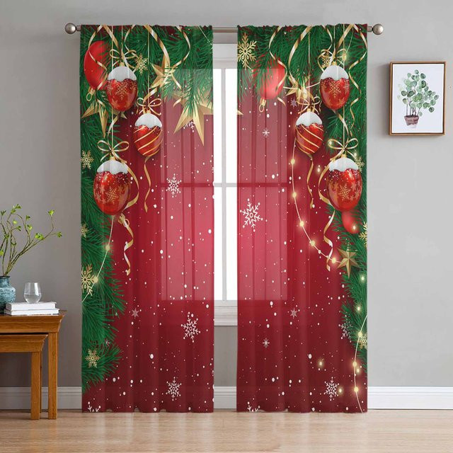 Yiran Furniture Weihnachts-Vorhang mit Schneeflocken und Wichtel in Rosa, transparenter Tüll-Voile mit Ösen, Breite: 135 cm, Höhe: 115 cm - Bild 1