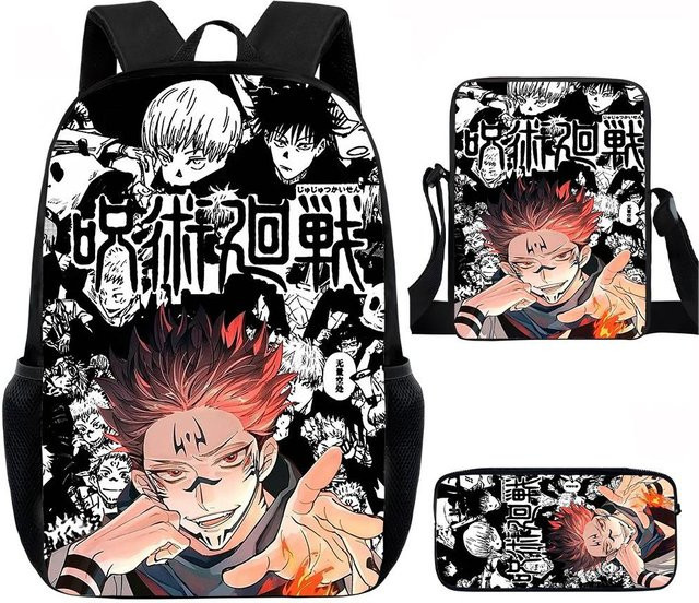 Jujutsu Kaisen 3-teiliges Set aus Rucksack, Umhängetasche und Federmäppchen in Schwarz für Jungen und Mädchen - Bild 1