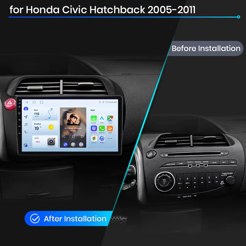 Junsun Wireless CarPlay und Android Auto Autoradio für Honda Civic Hatchback Mk8 (FN/FK) 2005-2011 in Schwarz mit GPS-Navigation, WiFi, Bluetooth und integriertem Lüfter - Bild 2