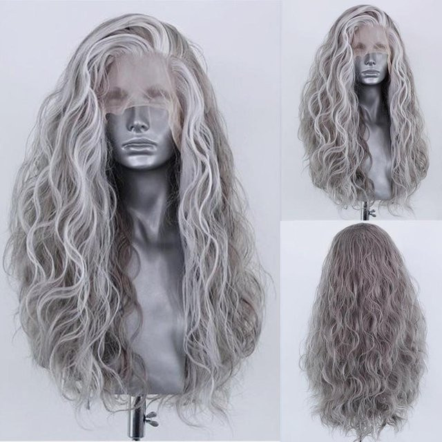 AIMEYA Kunsthaarperücke, Silber Weiß, 24 Zoll, Lace Front, Damen - Bild 1