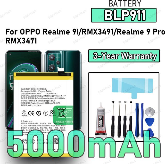 BLP911 Ersatzakku in Schwarz für OPPO Realme 9i RMX3491 und Realme 9 Pro RMX3471 - Bild 1