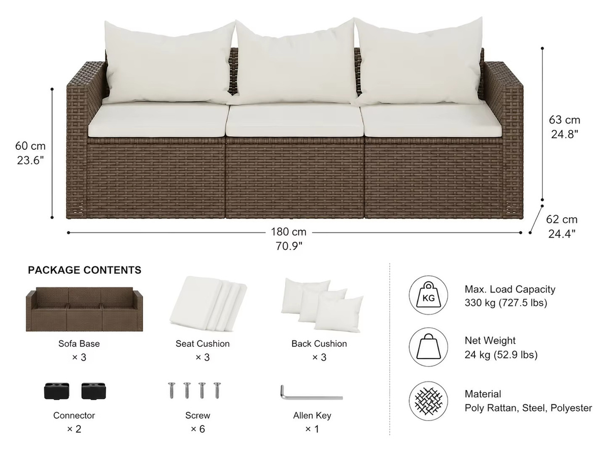 SUXI 3-Sitzer Gartensofa aus braunem Polyrattan mit Kissen für Terrasse und Balkon - Bild 5