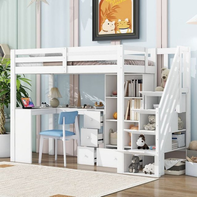 MUVOE Hochbett für Kinder in Weiß mit Teleskopleiter und Regalen, B/T: 90 x 200 cm - Bild 1