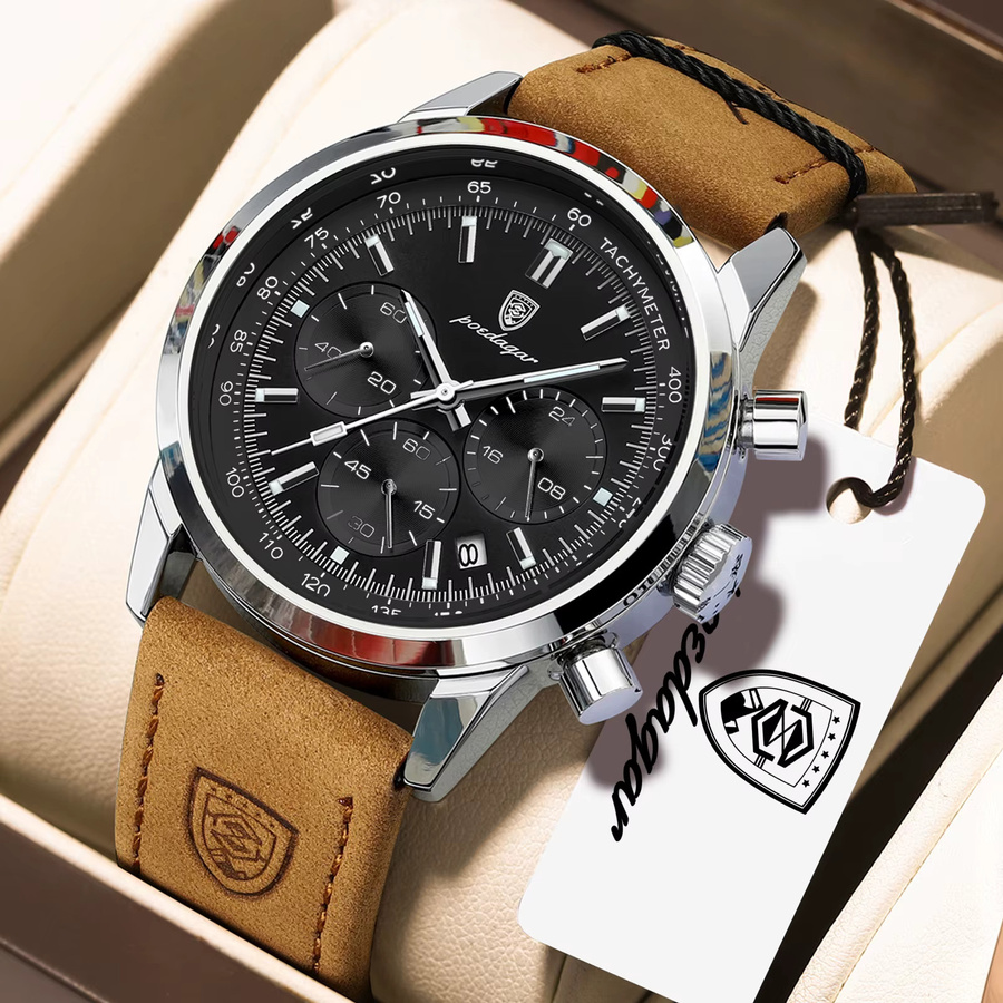 POEDAGAR Armbanduhr Chronograph, Quarz, Edelstahl, Leder, Herren - Bild 2