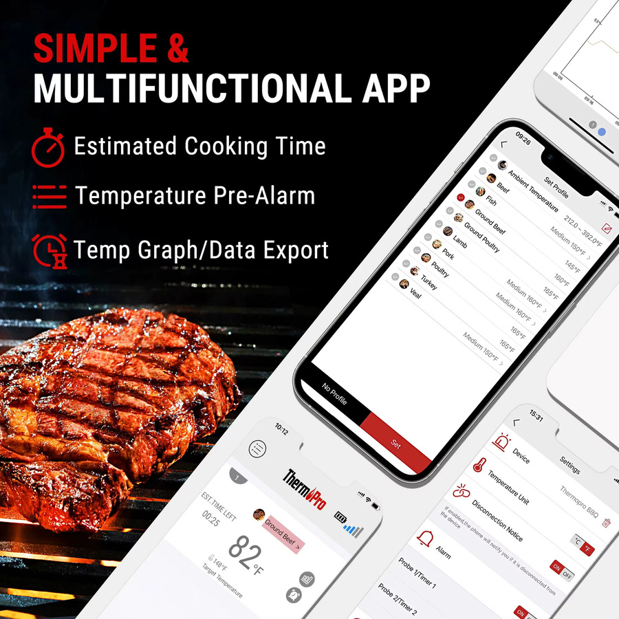ThermoPro TP901 Bluetooth Digitalthermometer mit App-Steuerung für Grillen und Kochen, Orange - Bild 5