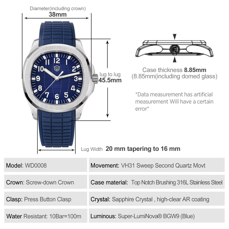 Watchdives Armbanduhr, Quarz, Edelstahl, 38 mm, Blau, Herren - Bild 2
