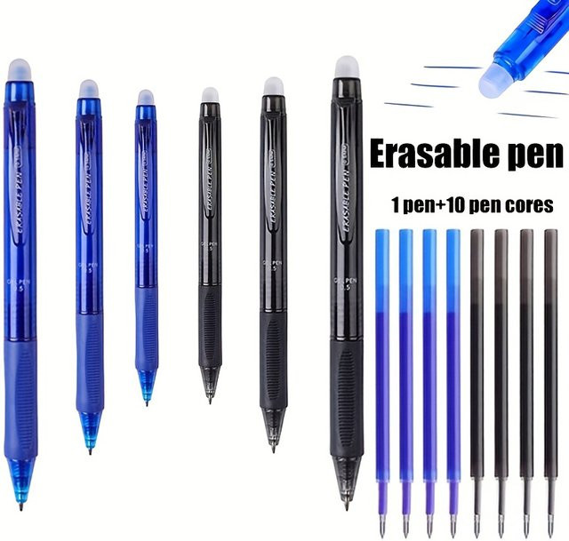 JOMPENS 11-teiliges Set professionelle radierbare Gelstifte in Schwarz mit 0,5 mm Stiftstärke inklusive Gummikappen und 10 Stiftminen - Bild 1