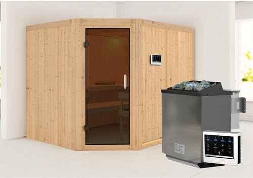 Karibu Sauna Haapsalu Bio-Kombi-Sauna für 4 Personen mit 9 kW Saunaofen und externer Steuerung, beige - Bild 1