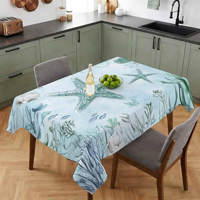 Rechteckige Tischdecke von JMG Household Supplies mit Meeresstern- und Muschel-Motiv in Blau, B/L: 140 x 200 cm - Bild 1