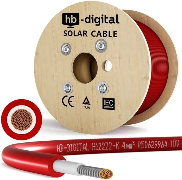 hb-digital Solarkabel 4 mm² H1Z2Z2-K TÜV zertifiziertes Photovoltaik Kabel für PV Anlagen, Farbe: Rot, Länge: 500 m - Bild 1