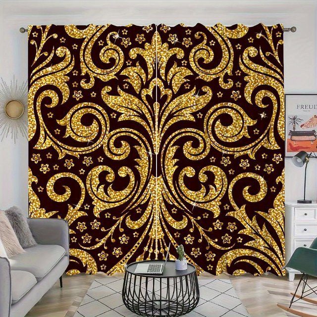Dekorative Vorhänge mit Schwarz-Gold Muster und floralem Design, semi-transparent, B: 100 cm, H: 130 cm - Bild 1