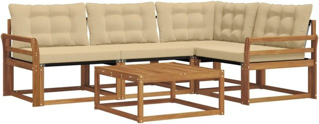 vidaXL Outdoor-Sofagarnitur 5-teilig in L-Form aus Akazienholz mit Textilene und Kissen, Natur-Beige - Bild 1