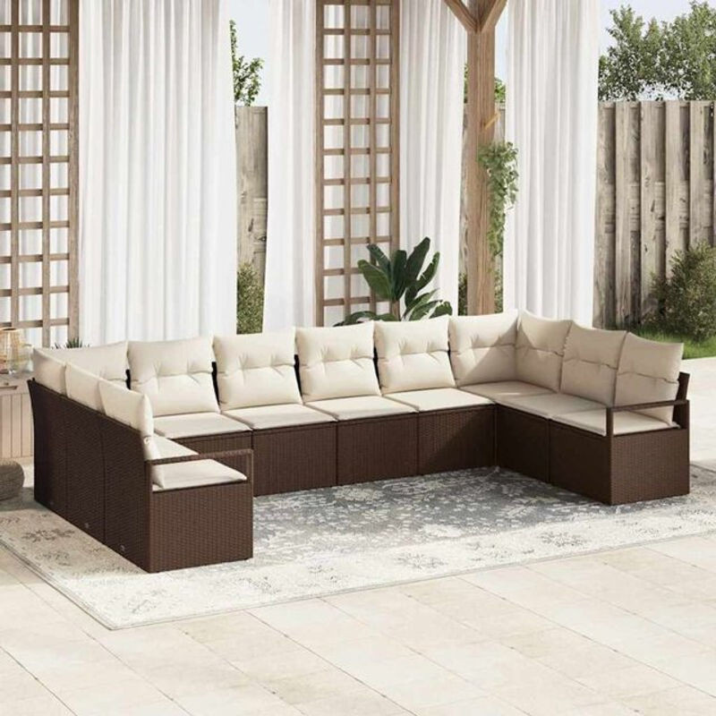 Vidaxl Garten-Sofa-Set aus Rattan und Metall mit 10-teiligem modularem Design, integriertem Stauraum und Kissen in Braun und Creme - Bild 1