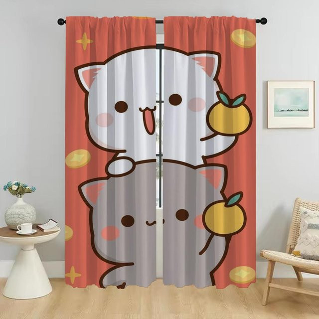 Pfirsich Mochi Katze Verdunkelungsvorhang für Innenräume, 2 Paneele, Farbe: Pink, Breite: 50 cm, Höhe: 70 cm pro Paneel - Bild 1