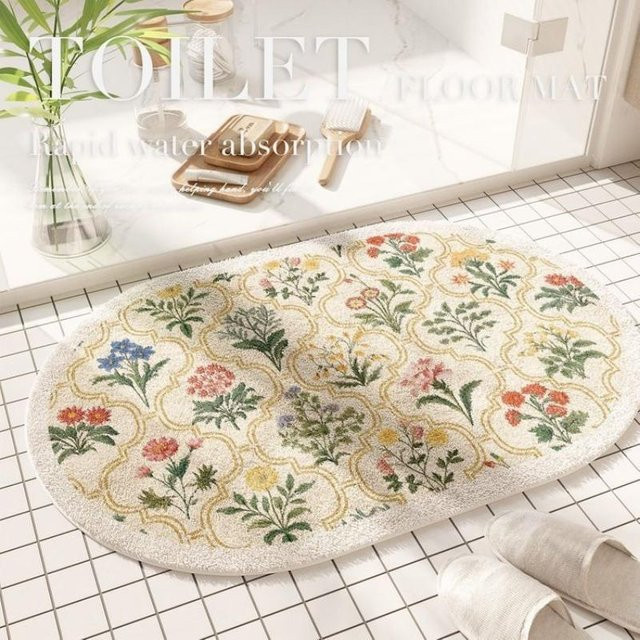 Badezimmerbodenmatte mit Blumenmuster von Household supplies MH, rutschfest und antibakteriell, Polyester, Mehrfarbig, B/T: 60 x 40 cm - Bild 1