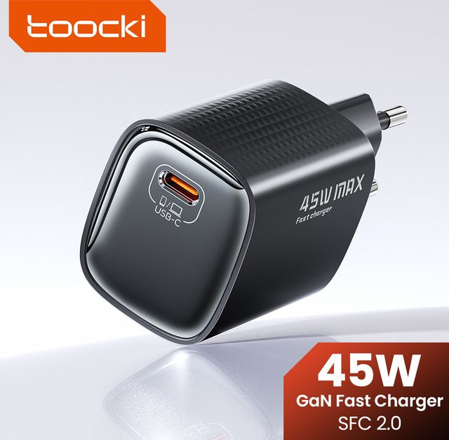 Toocki PD 45 W USB GaN Ladegerät mit USB-C Anschluss in Schwarz für Samsung, iPhone und Macbook mit EU-Stecker - Bild 1