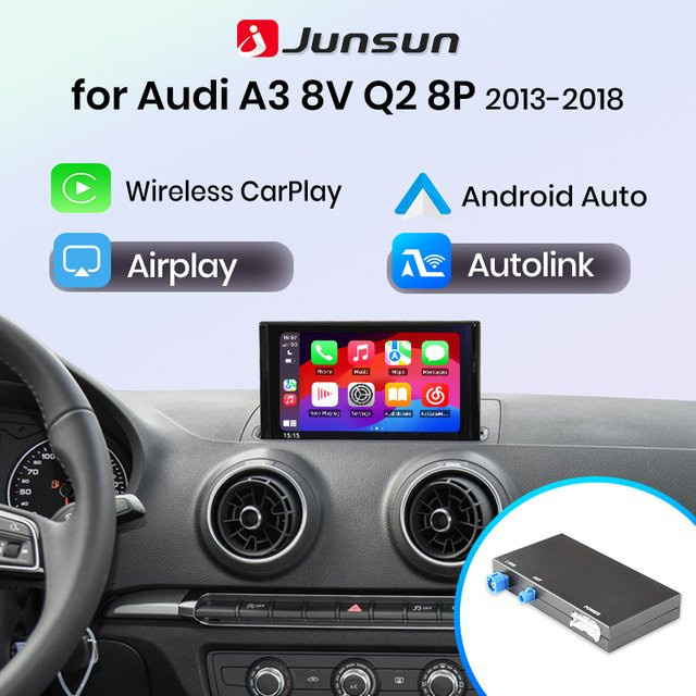 Junsun Android Auto und Wireless CarPlay Interface für Audi A3 8V und Q2 8P (2013-2018) mit Mirror Link, AirPlay, Bluetooth, USB und Rückfahrkamera in Schwarz - Bild 1
