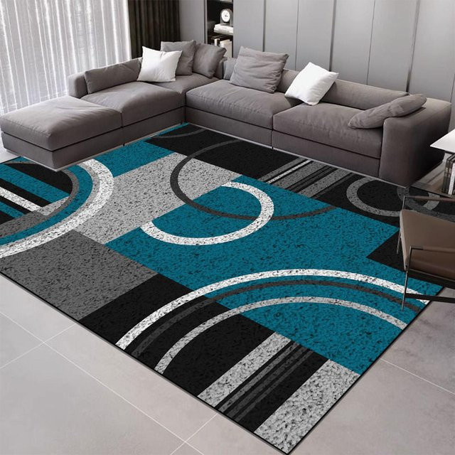Karpetti Geometrie Teppich in Blau, moderner Nordischer Design-Teppich aus Flanell für Wohnzimmer, Schlafzimmer oder Flur, B/T: 80 x 160 cm - Bild 1