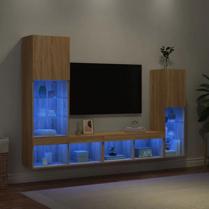 Vidaxl 4-tlg. Wohnwand Modern mit LED-Beleuchtung in Braun aus Holzwerkstoff und Glas - Bild 1