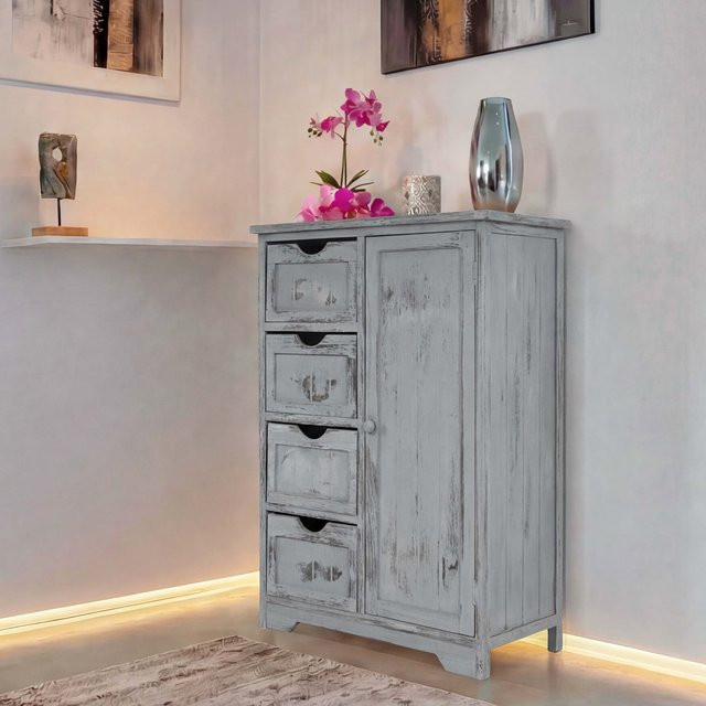 MCW Schubladenkommode MCW-D12 im Shabby-Look Vintage aus Paulowniaholz, Grau, B/T/H: 82 x 55 x 30 cm - Bild 1