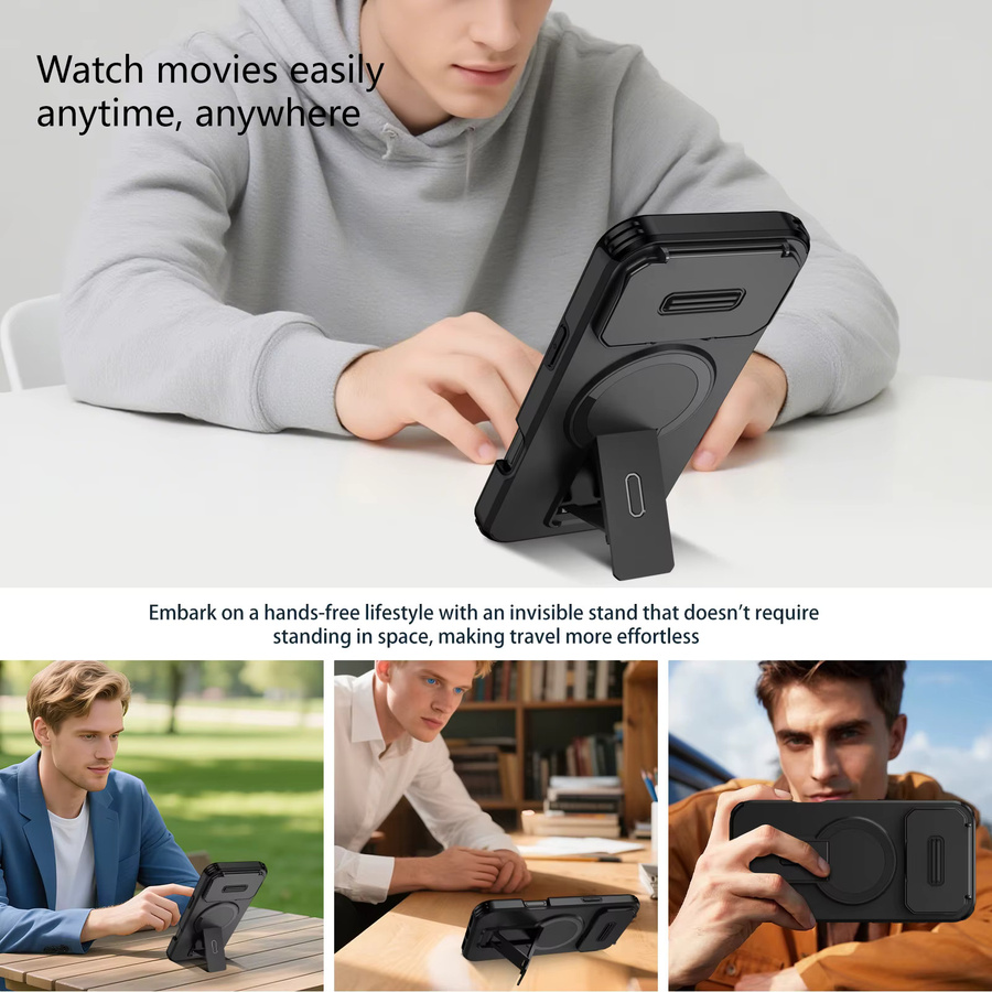 Stoßfeste Rüstung Flip Kamera Handyhülle mit Magnetic Stand für Apple iPhone 17 16 15 14 13 12 11 Pro Max Plus 16E Air in Schwarz und Rot - Bild 1