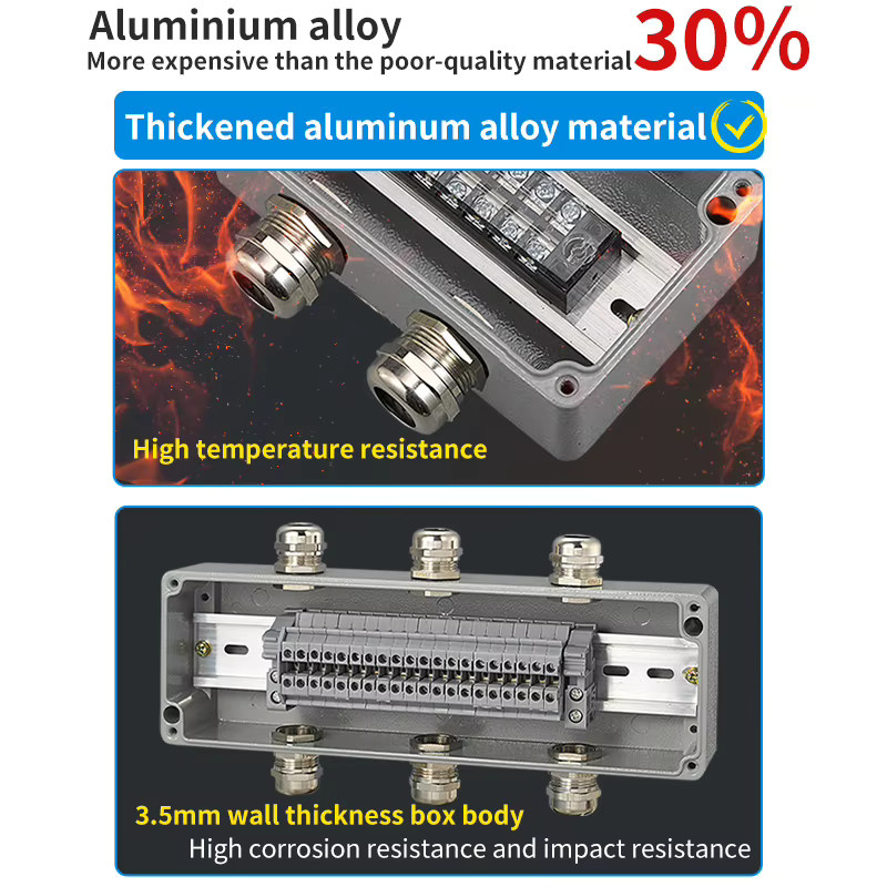 Wasserdichter Verkabelungsklemmenkasten aus Aluminiumguss mit Kabelverschraubungen in Grau - Bild 3