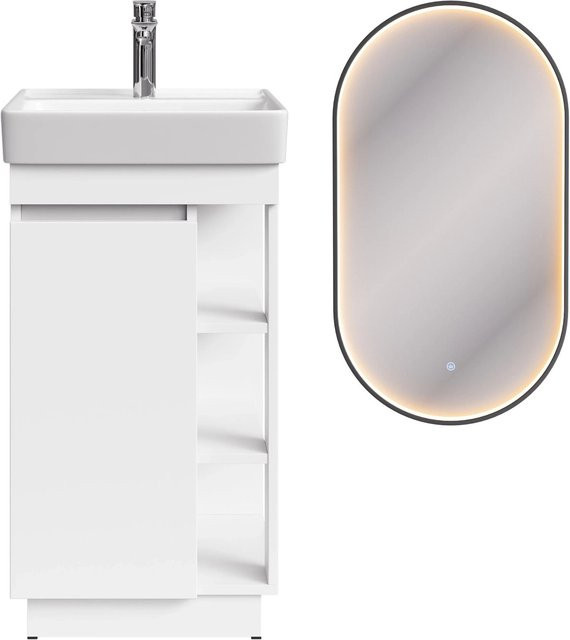 Planetmöbel Badmöbel Set NYX Matt Weiß mit Waschbecken, LED Spiegel und Chrom Armatur, Breite: 50 cm - Bild 1