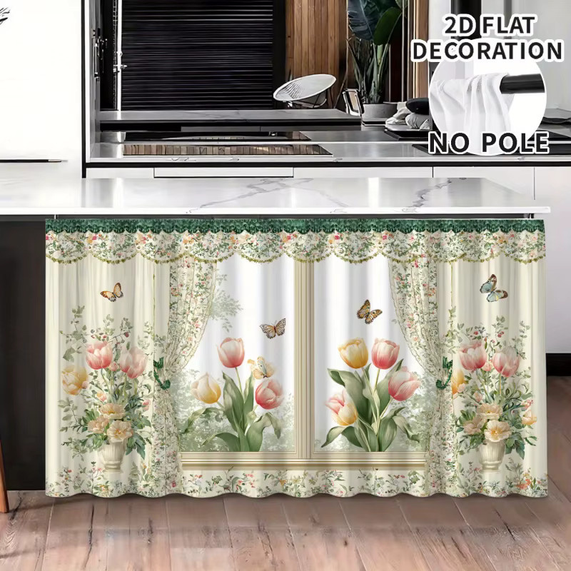 VIKAMA Sichtschutzvorhang für Schränke mit floralem Tulpen- und Schmetterlings-Design, blickdicht und staubdicht, Mehrfarbig - Bild 2