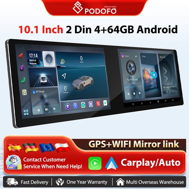 Podofo 2DIN Universal Autoradio mit Wireless CarPlay und Android Auto, GPS Navigation, WiFi, Bluetooth, DSP und 4 + 64G Speicher in Schwarz - Bild 1