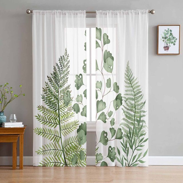 Transparente Vorhänge mit grünem Farn-Design von Household supplies MH, Tüll-Voile-Organza-Fenstervorhänge für Wohnzimmer und Küche, Farbe: Transparent/Grün/Weiß, Breite: 135 cm, Höhe: 160 cm - Bild 1
