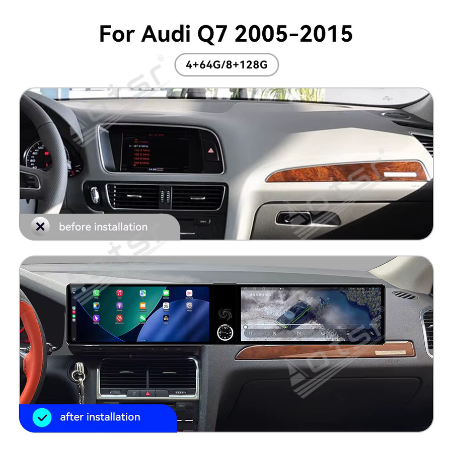 Aotsr Doppelbildschirm Multimedia-Stereo-Hauptgerät für Audi Q7 2005-2015 mit 12,3 Zoll Touchscreen, CarPlay, GPS-Navigation und Qualcomm Prozessor in Schwarz - Bild 2