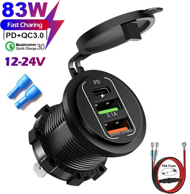 kebidumei 83W Auto Ladegerät mit 45W PD und QC3.0 Schnellladefunktion, Wasserdichtes USB Adapter für 12/24V Auto Boot Motorrad mit LED Voltmeter, Schwarz - Bild 1